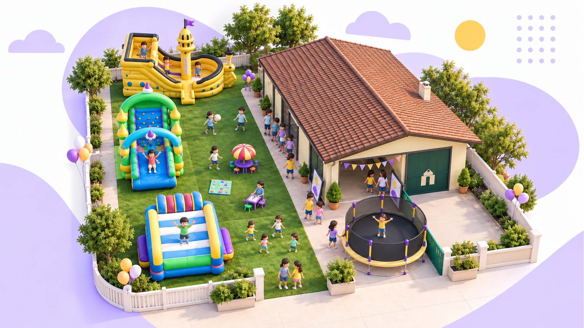 Mappa illustrata di Giò Party: sala interna a destra, giardino con gonfiabili a sinistra e trampolino davanti alla sala