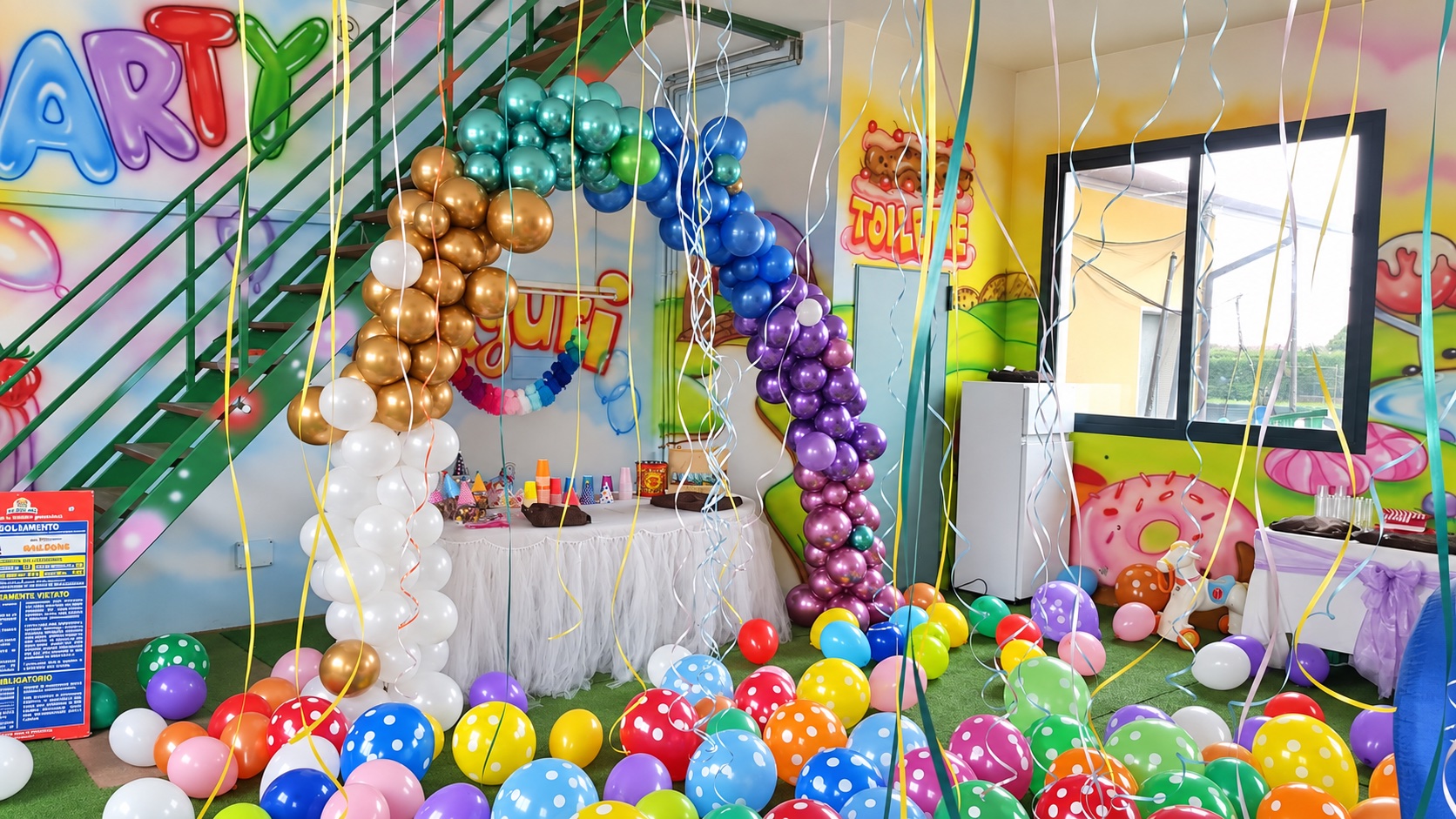 Sala Giò Party con arco di palloncini metallizzati e tavolo allestito