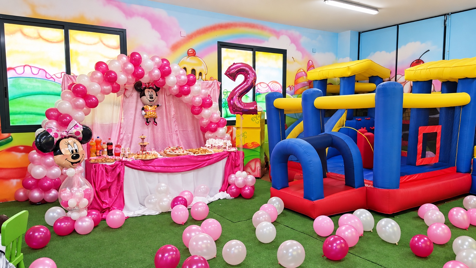 Allestimento rosa a tema Minnie con tavolo e gonfiabile nella sala