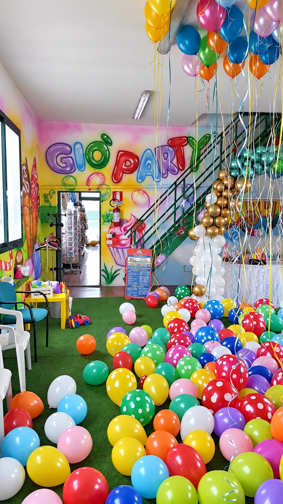 Interno della sala Giò Party decorato con tanti palloncini colorati